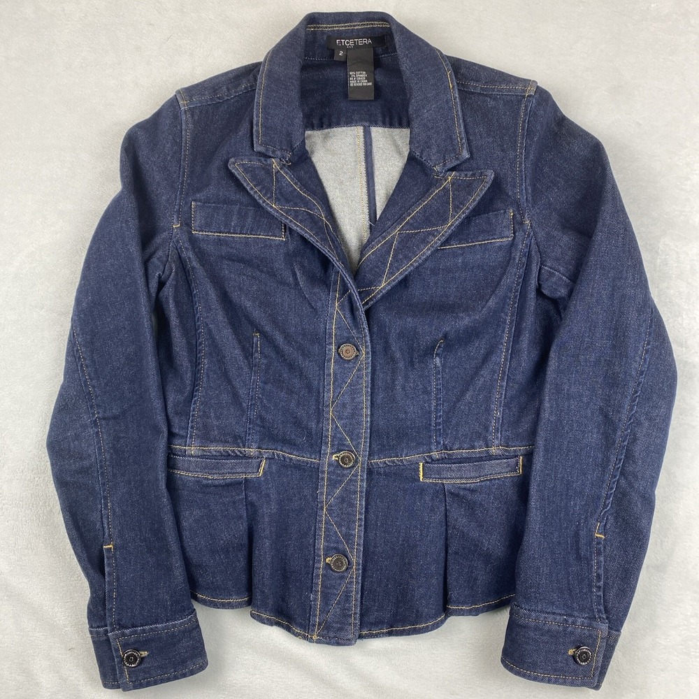 Etcetera Fitted Peplum Denim Jacket Blue Button Up Padded Shoulder Womens Size 2